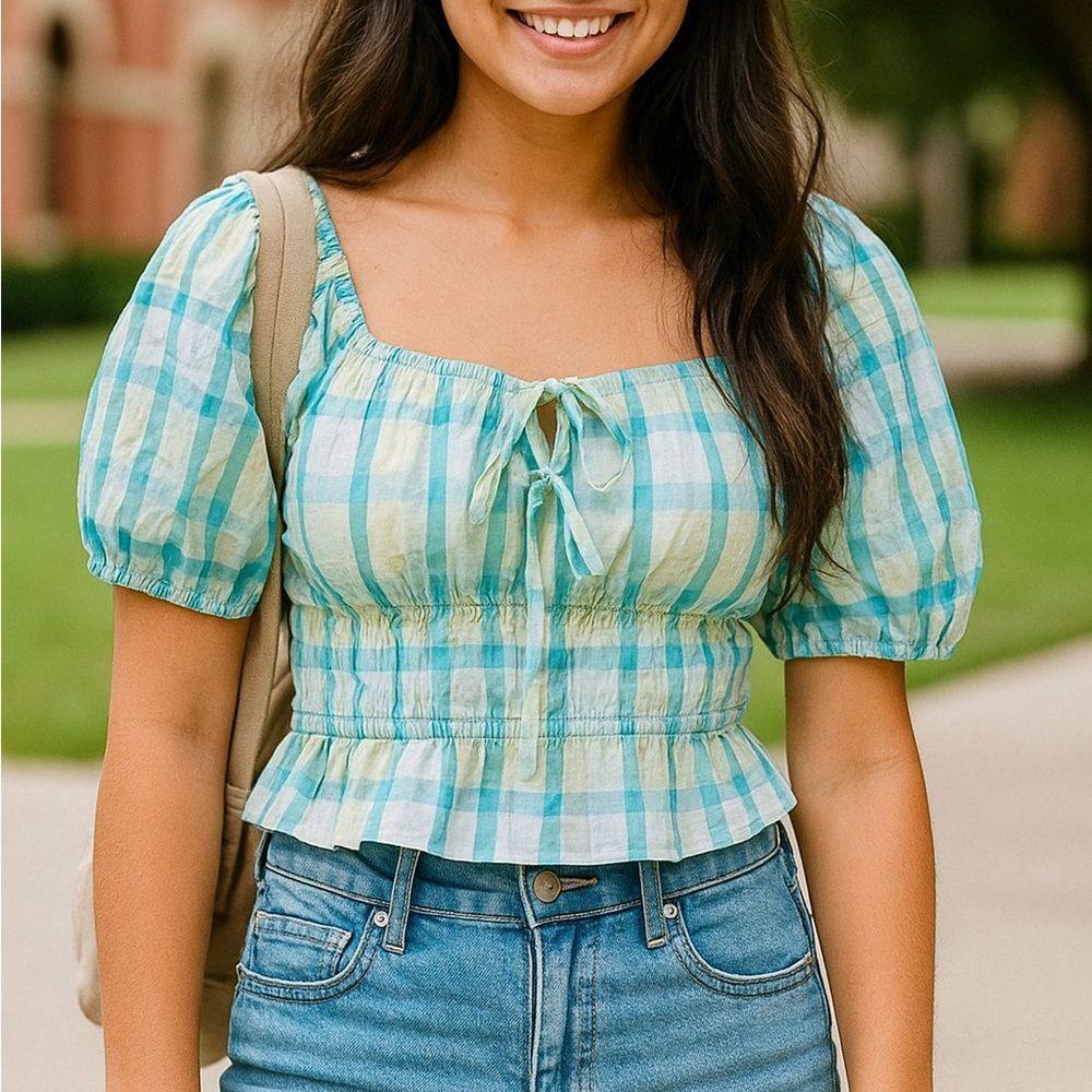 Abound Womens Plaid Top Smocked Puff Sleeve Top Blue Green Summer Small
